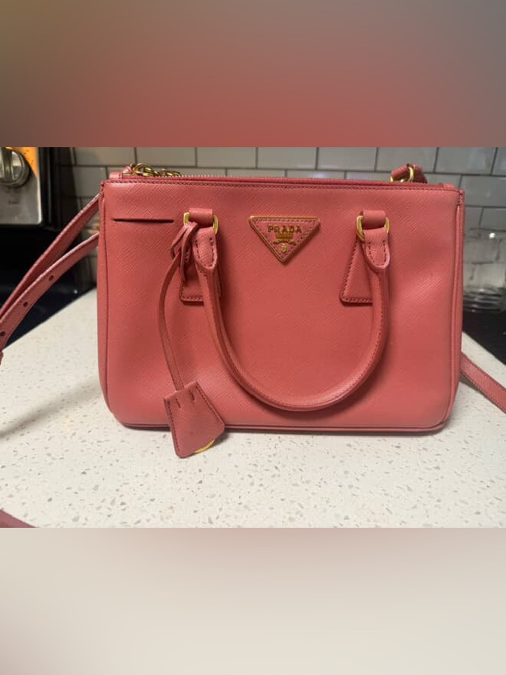 Prada Coral Pink Saffiano Leather Satchel with Gold Hardware